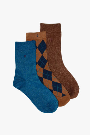 Fancy Check & Glitter Brown/Blue Socks