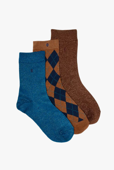 Fancy Check & Glitter Brown/Blue Socks