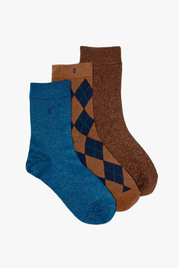 Fancy Check & Glitter Brown/Blue Socks