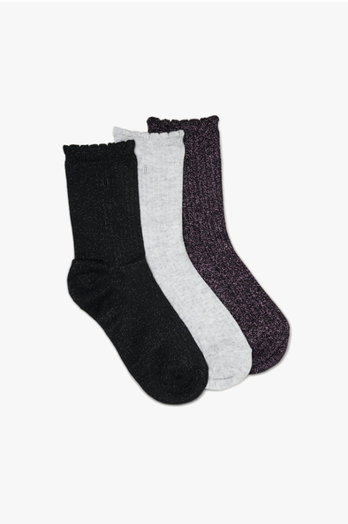 Ribbed Frilly Black, Silver & Purple Socks