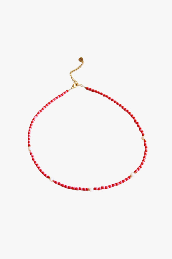 Beaded Necklace with Pearls Red/Pink