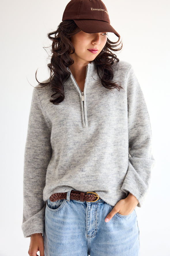 Lulu LS Knit Half Zip Light Grey Melange