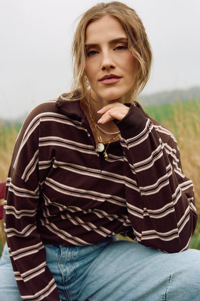 PREORDER Samuel LS Polo Coffee Stripes