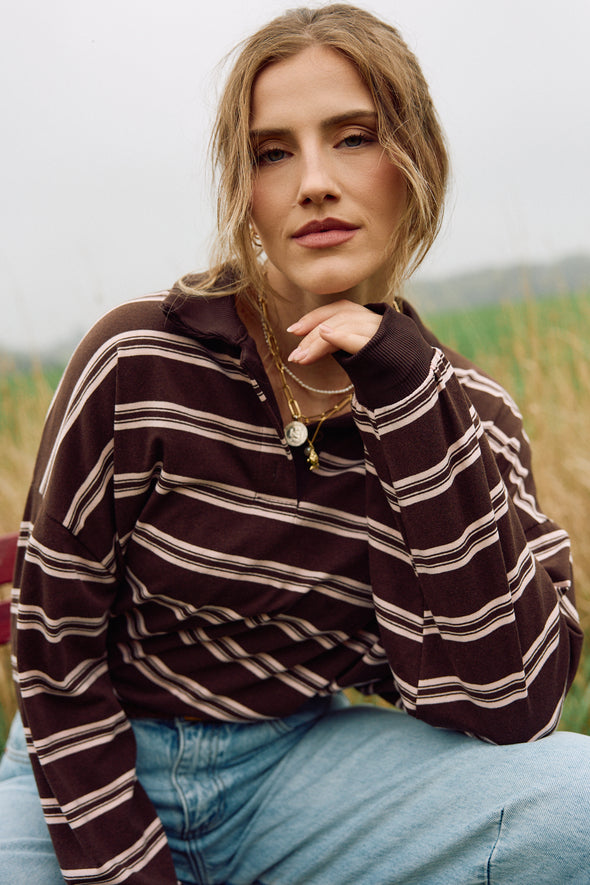 PREORDER Samuel LS Polo Coffee Stripes
