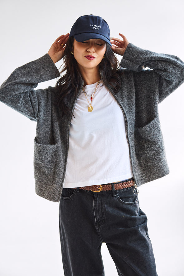 Sia Ras Zipper Cardigan Dark Grey Melange