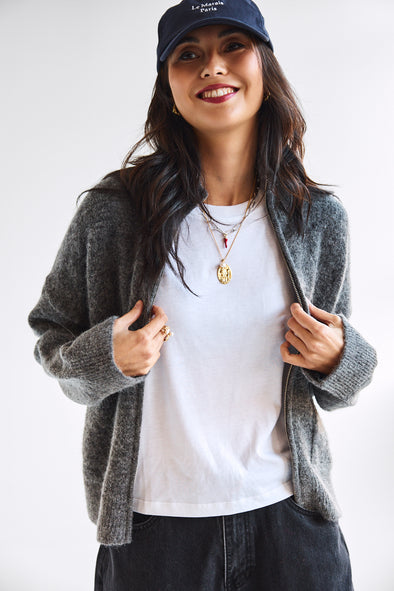 Sia Ras Zipper Cardigan Dark Grey Melange