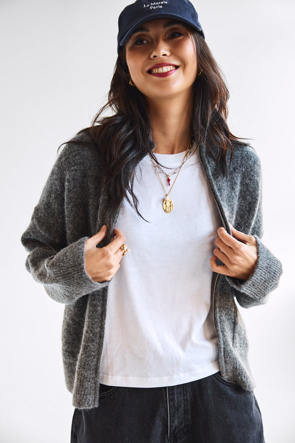 Sia Ras Zipper Cardigan Dark Grey Melange