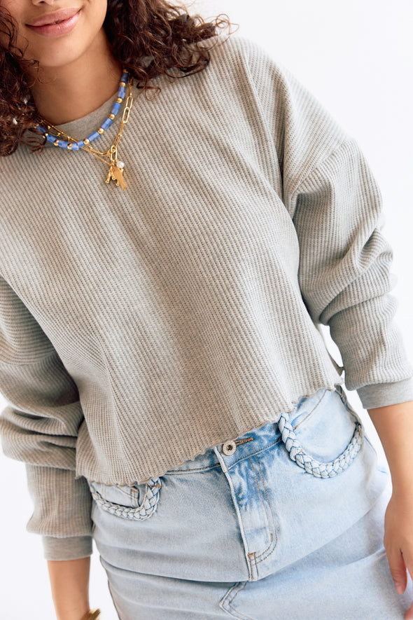 Demi Waffle LS Top Light Grey Melange