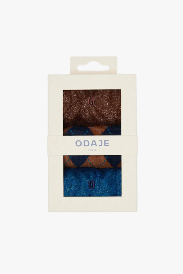 Fancy Check & Glitter Brown/Blue Socks