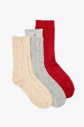 Openwork Ecru Grey Red Socks Set