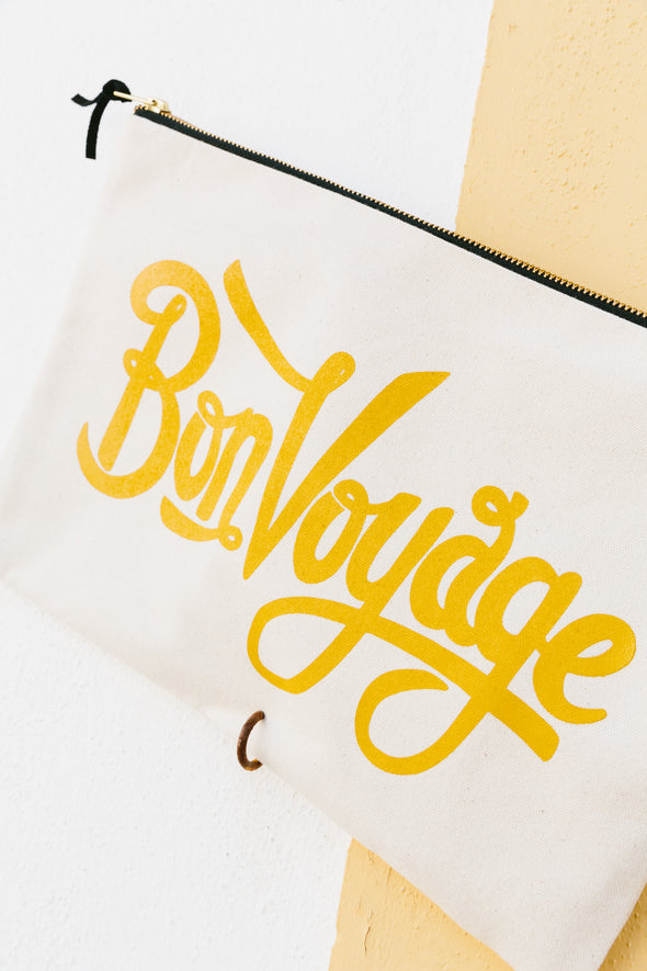Bon Voyage Canvas Pouch - Alphabetbags - white bag zip yellow letters