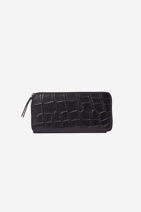 Sonny Long Zip Around Wallet Black Croco - O My Bag - Long black croco zip wallet
